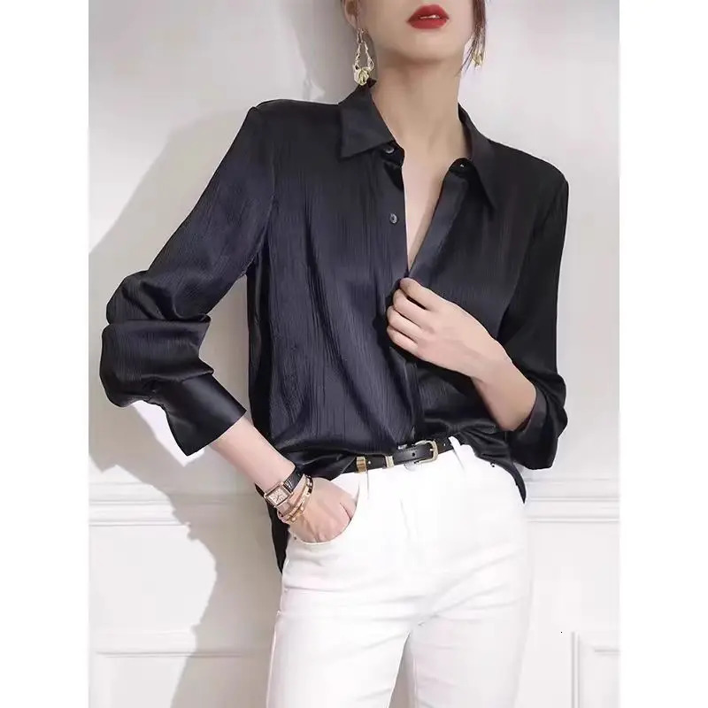 Womens Shirts Spring Black Satin Texture Loose Long-sleeved Blouse Elegant Office Lady Work Wear Fashion Female Clothing 250317