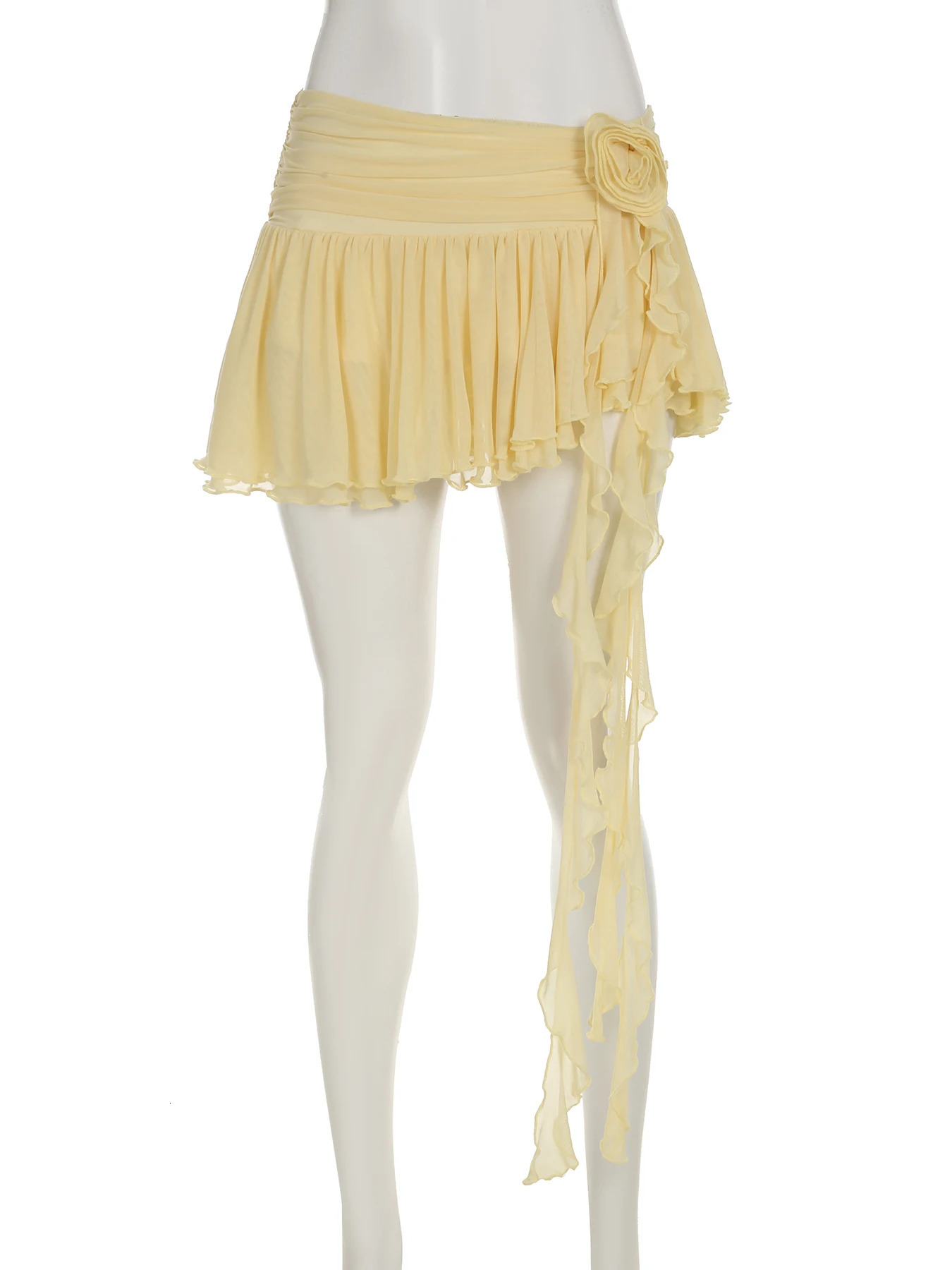 IAMSURE Holiday Tie Flower A-Line Pleated Skirts Beach Style Solid Folds Ruffles Low-Waist Mini Skirts Women 2025 Summer Fashion 250325