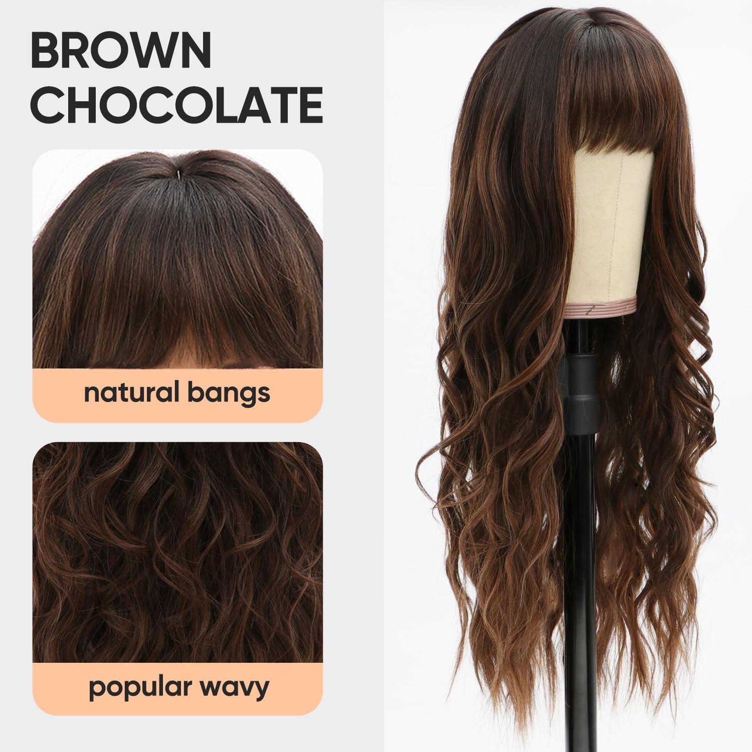 Long Chocolate Brown Wig with Bangs Dark Brown Women Long Wavy Hair Wig Curly Wavy Synthetic Wigs for Girls Daily Party Use(26 inch)