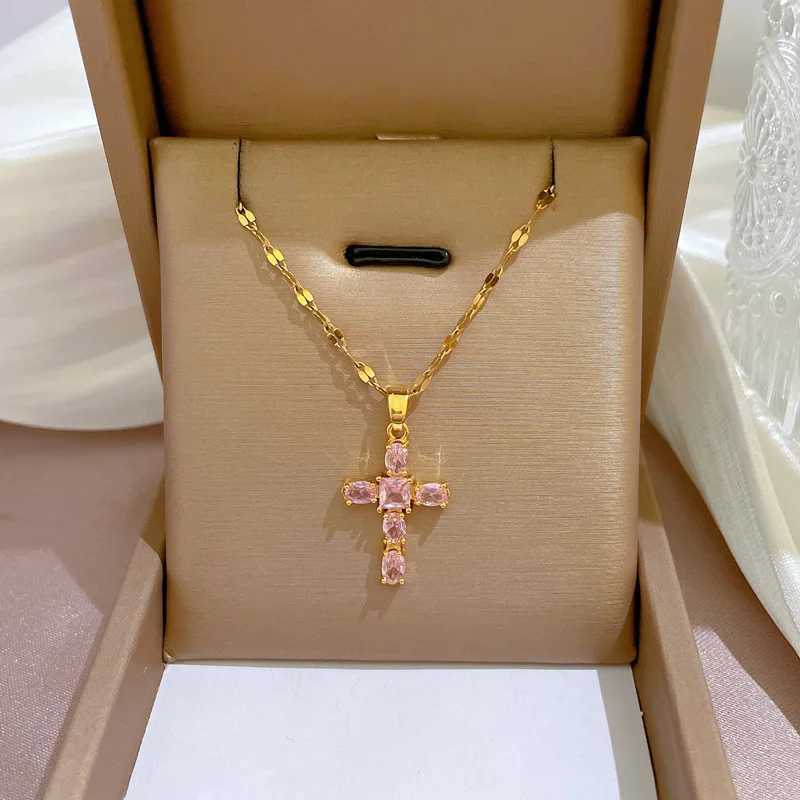 Luxury Shiny Pink Black Clear Zircon Cross Pendant Necklaces for Women Girls Train Stainless Steel Chain Choker Jewelry Gifts W250616