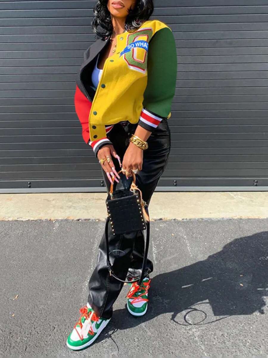 LW Casual Letter Print Patchwork Varsity Jacket Appliques Round Neck Regular Fit Women Y2k Style Fall Coat