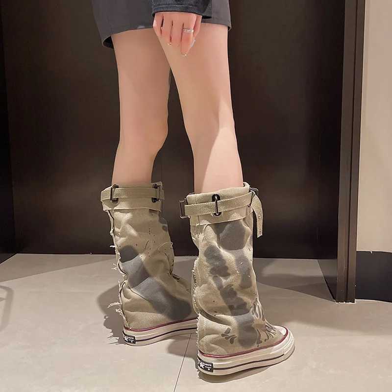 Graffiti High Top Canvas Shoes Womens Spring Boots Wide Bucket Middle Bucket Boots 2025 New Trouser Bucket Stacked Boots M250325