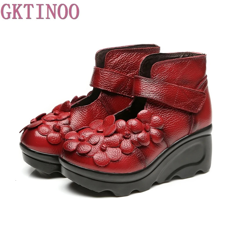 2025 Handmade Flower Womens Boots Round Toe Genuine Leather Ankle Wedge Shoes Retro 250317