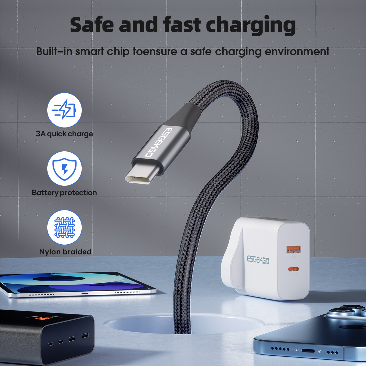 USA STOCK ESEEKGO G-62AC USB-A to Type-C Data Cable 6.6FT With Retail Package ship in 2 days