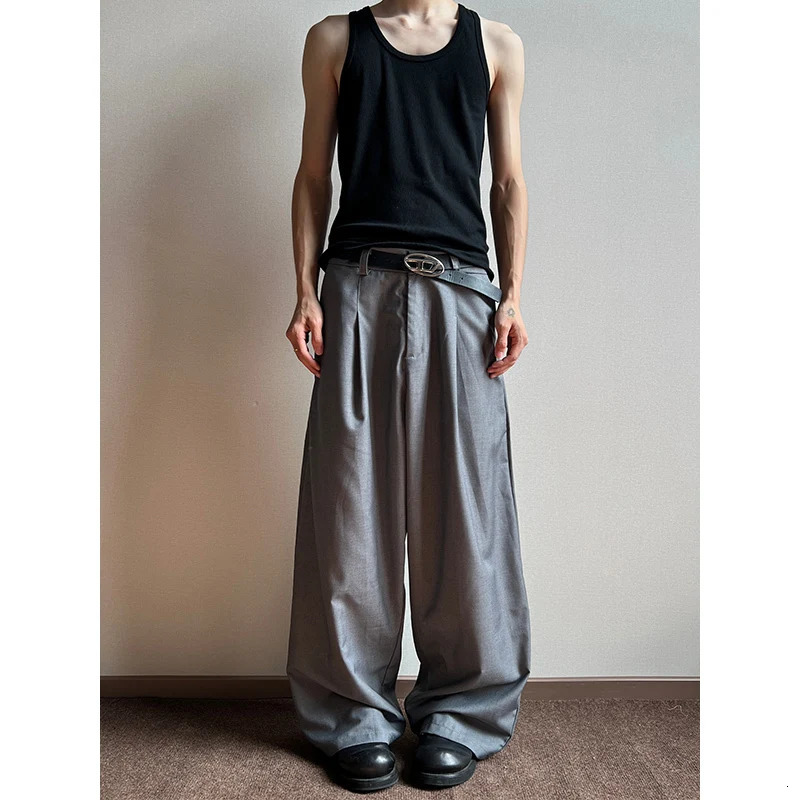 Grey black suit pants mens oversized fashionable social mens dress pants Korean loose wide leg pants mens office pants 250321