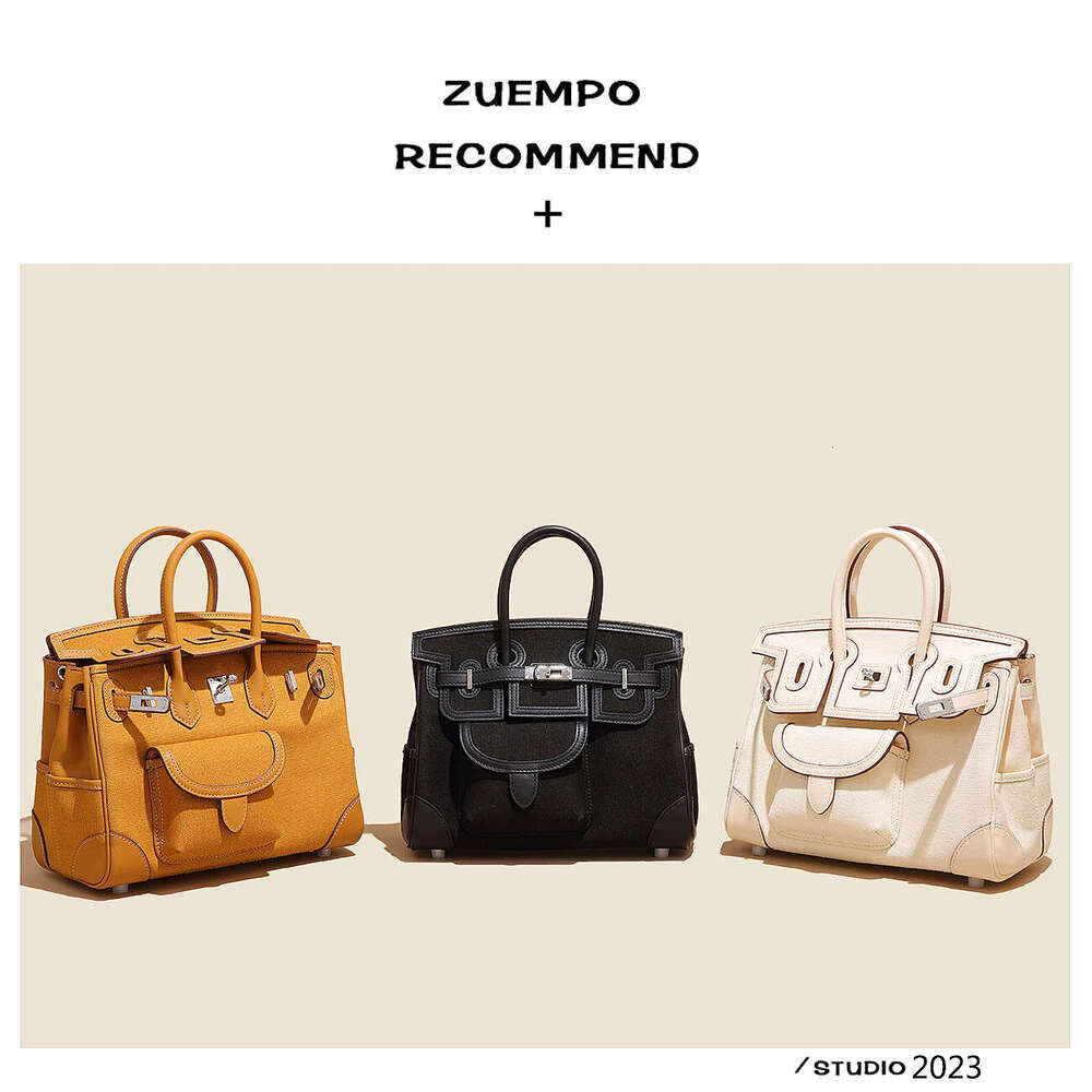 Women's Bags Small niche design cargo bag women's canvas patchwork color genuine leather 25cm handle handbag