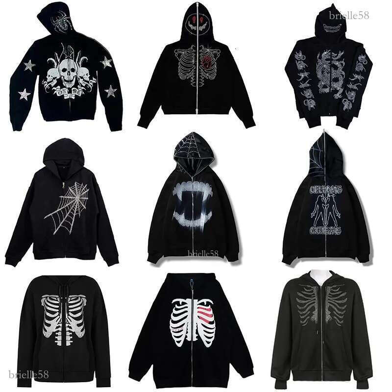 Men's Hoodies Sweatshirts Rhinestones Spider Web Skeleton Print Black Y2k Goth Long-sleeve Full Zip Oversized Jacket American Fashion -selling 22