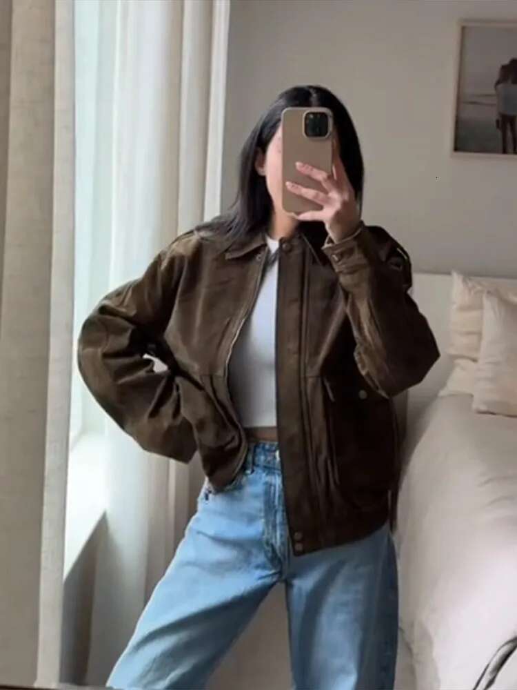 Retro Spring Women's Jacket Long Sleeve Zipper Big Pocket Female Coat Street Fashion Turndown Collar Loose Lady Outwears