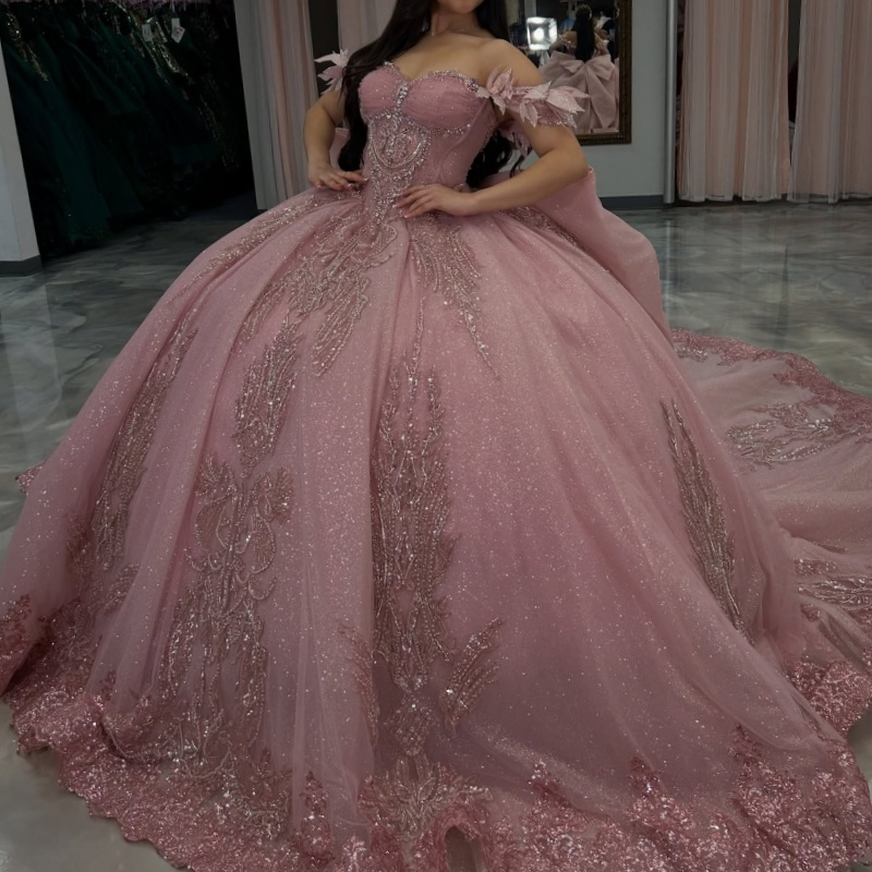 Pink Shiny Princess Quinceanera Dresses Sequin Appliqued Lace Beading Tull Bow Sweet 16 Dress Off Shoulder Ball Gown Vestidos 15 De anos
