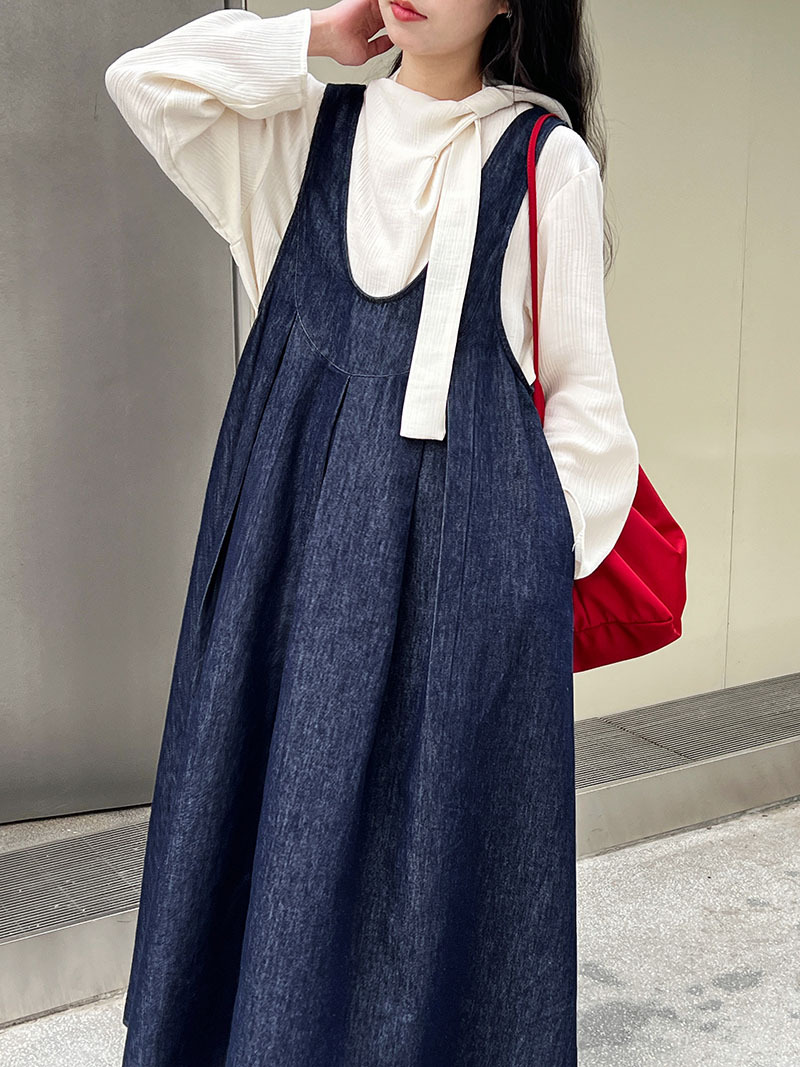 K8150 A3 high quality retro U-neck vest denim dress female 2025 spring new design versatile long skirt