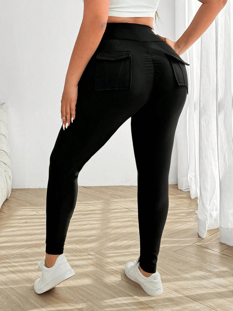 Plus Size Womens With Pockets Legging Sports Yoga Fitness Pants Weight Loss Hip Lifting Polyester Material 250324Z