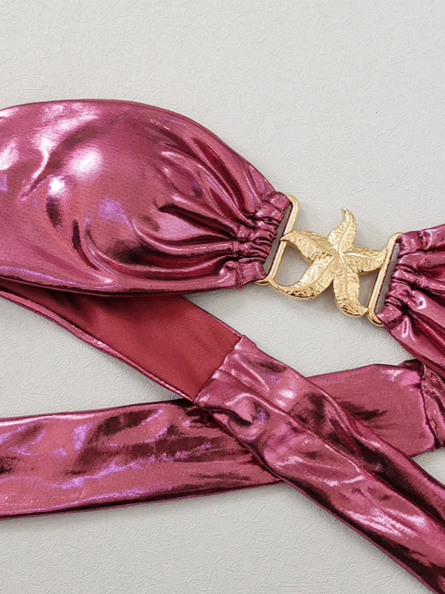 2025 Shiny 2-piece Swimsuit for Womensolid Color Glossy Strapless Thong Bikinisexy Starfish Accessories Beach Swimwear 250325