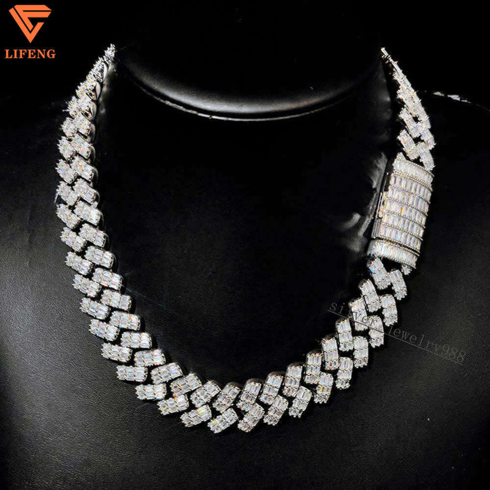 Custom Hiphop Jewelry 3 Row Baguette Diamond 14mm Miami Cuban Link Chain Vvs Moissanite 925 Silver Cuban Chain Necklace for Men