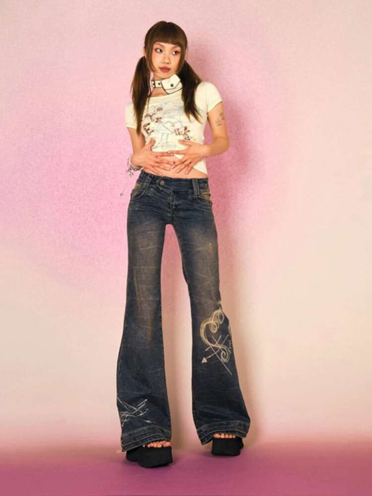 Rockmore Y2k Low Rise Flare Jeans For Woman Streetwear Aesthetic Print Jean Pants Vintage Washed Denim Trouser Grunge Fairycore