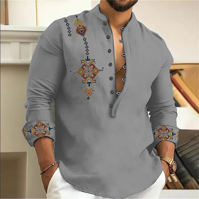 15-color mens shirt tribe pattern printing retro geometry leads outdoor street long-sleeved shirt super large size XS-6XL 250321