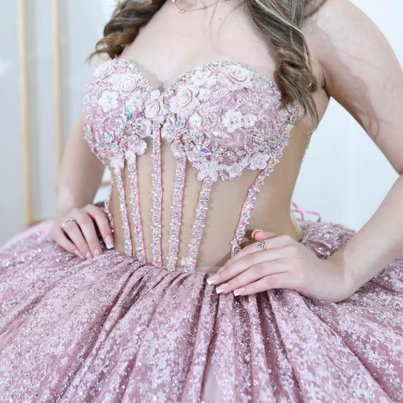 Pink Shiny Quinceanera Dresses Off Shoulder Ball Gown Sweet 16 Dress Beads Sequin Appliques Lace Tull Corset Birthday Party Vestidos 15 anos