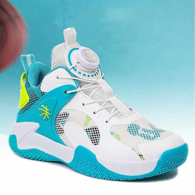 Design of Rotating Button for Childrens Sports Shoes Childrens Basketball Shoes Boys High Top Sports Shoes Anti Slip Outdoor Students Running Shoes W2