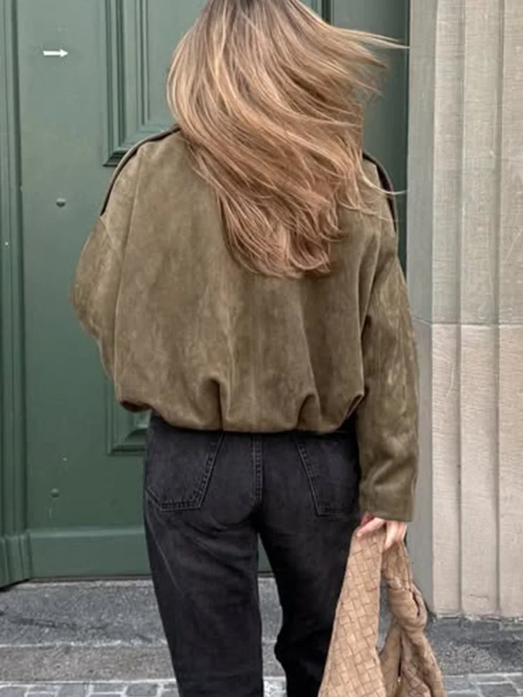 Brown Green Suede Jacket Women Lapel Zipper Long Sleeve Pockets Bomber Coat 2025 Spring Autumn Lady Loose Motorcycle Outwears 250325
