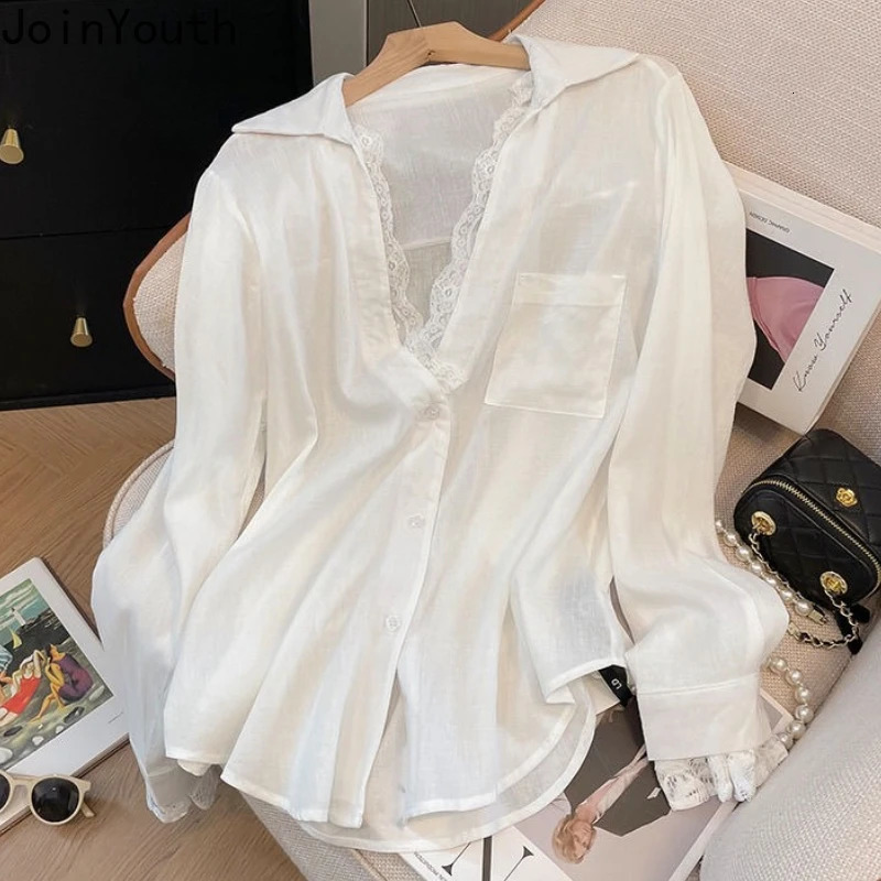 Camisas De Mujer white long sleeved shirt womens shirt patch work lace fashion shirt see through oversized sexy top 250322