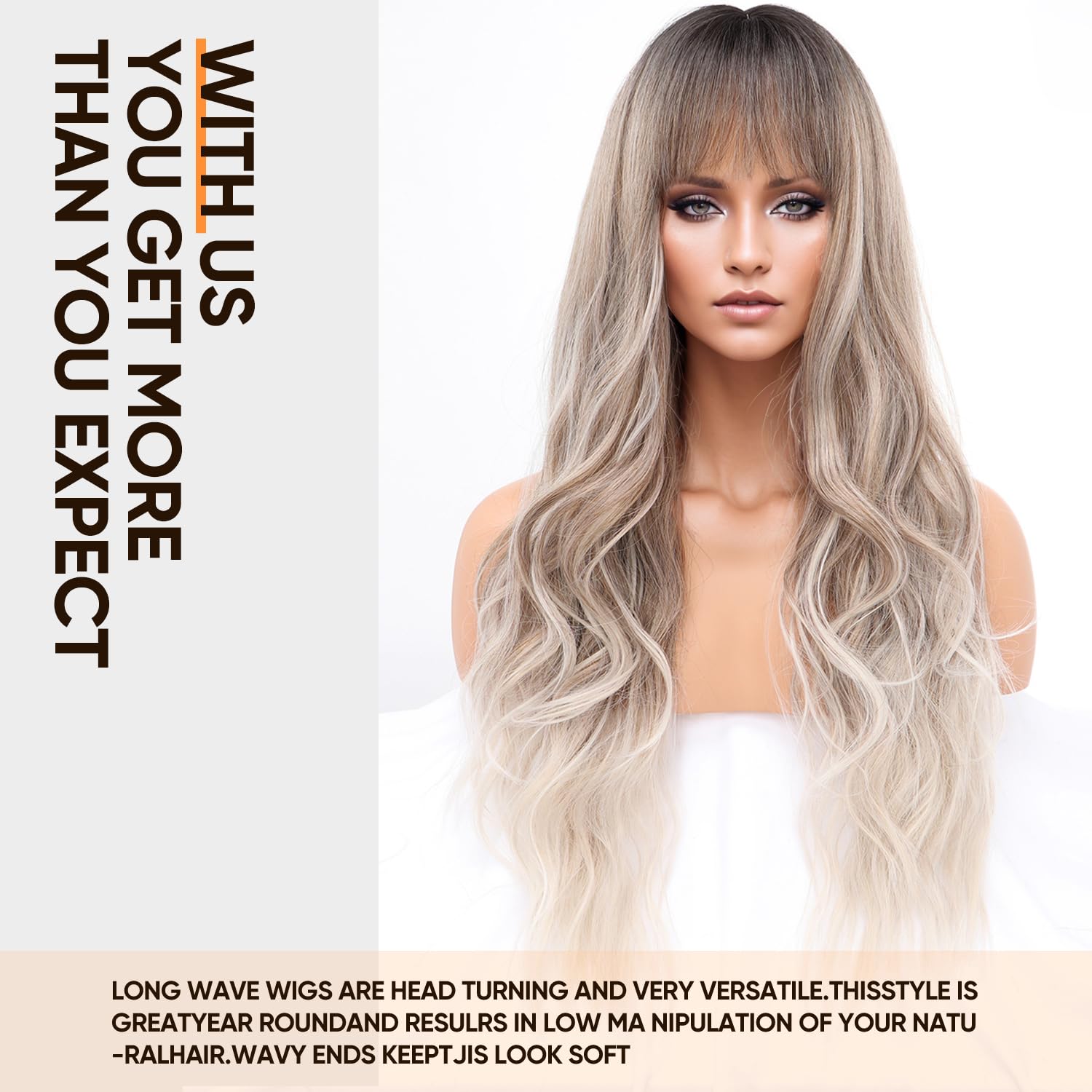 Long Ash Blonde Wig with Bangs and Highlight Ombre Blonde Women Long Wavy Hair Wig Curly Wavy Synthetic Wigs for Girls Daily Party Use(26 inch)