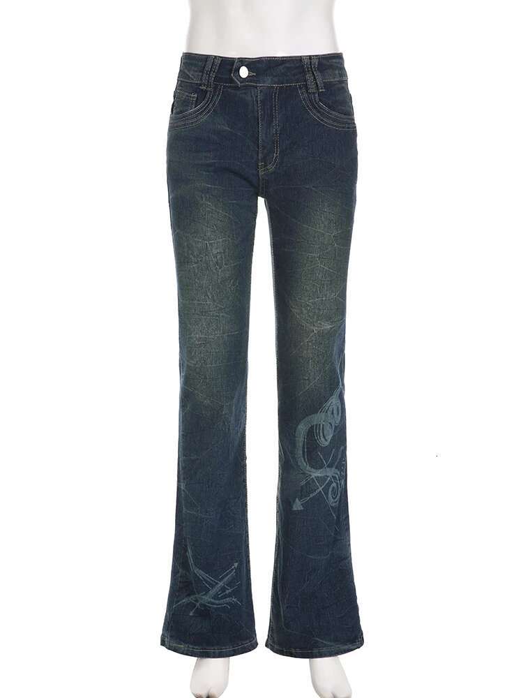 Rockmore Y2k Low Rise Flare Jeans For Woman Streetwear Aesthetic Print Jean Pants Vintage Washed Denim Trouser Grunge Fairycore