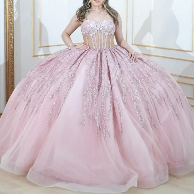 Pink Shiny Quinceanera Dresses Off Shoulder Ball Gown Sweet 16 Dress Beads Sequin Appliques Lace Tull Corset Birthday Party Vestidos 15 anos