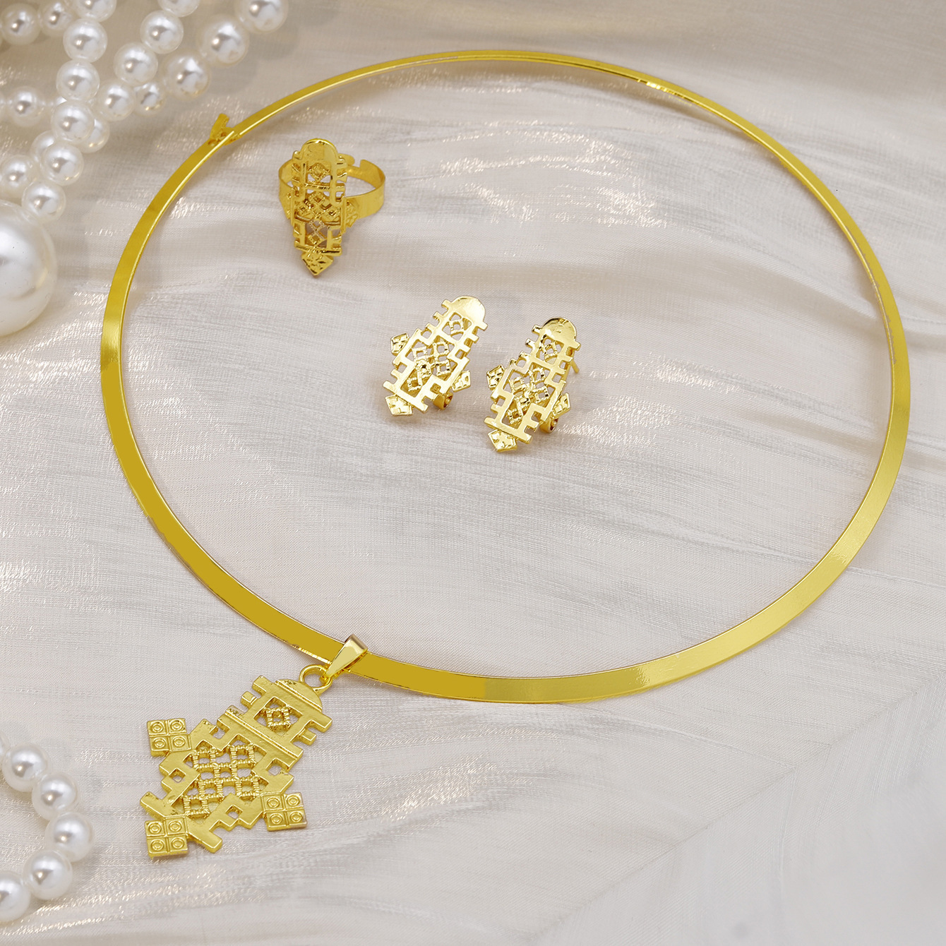 Copper plated 24K gold cross necklace ring pendant earring set Dubai bride wedding jewelry 230313