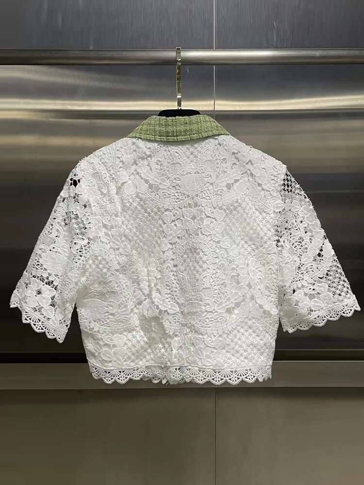 Hollow Out Embroidery Two Piece Set For Women Lapel Short Sleeve Tops High Waist Long Skirts Slimming Sets Female Fashion