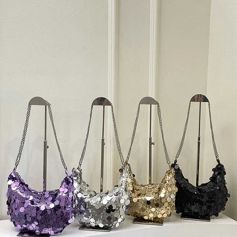 Fashionable half moon shaped cross shaped bag with sequins garbage bag casual womens shoulder bag large capacity chain handbag homeless person Z250324