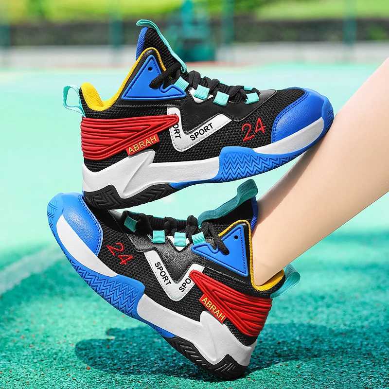Fashionable boys basketball shoes comfortable and breathable mesh belt high top indoor sports shoes hot selling students campus training shoes W250324
