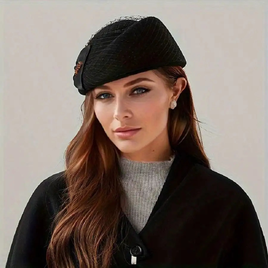 Womens temperament mesh top hat wool felt hat British retro hat fashionable bow beret hat 250322