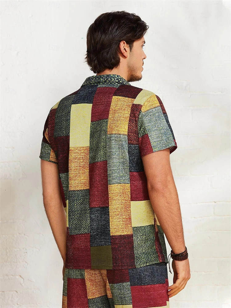 Vintage Mens Polo Shirt Patchwork 3d Print Short Sleeve Lapel Button TShirt Golf Collar Oversized Shirts For Men Clothing 250311