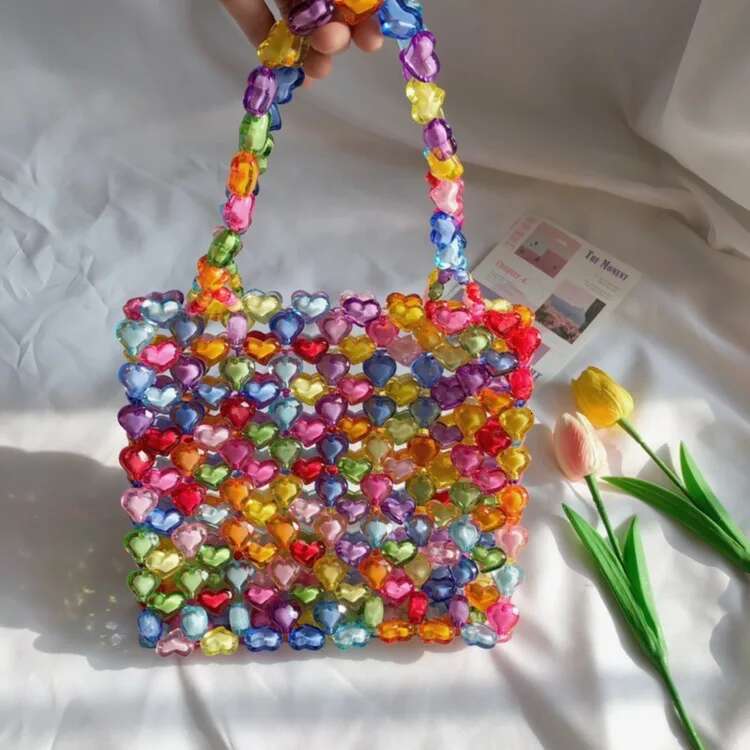 2025 New Handmade Designer Fashion Bead Bag Rainbow Heart Jelly Handbag Beads4