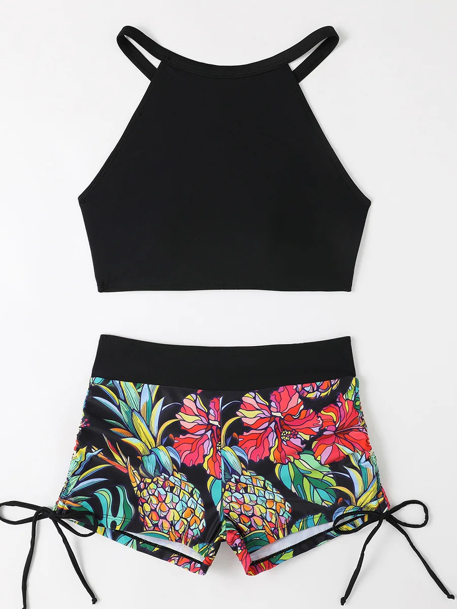 2024 Print High Waist Swimsuit Women Neck Bikini Drawstring Swimwear Female Bathers Bathing Swimming Swim Suit Beachwear 250321