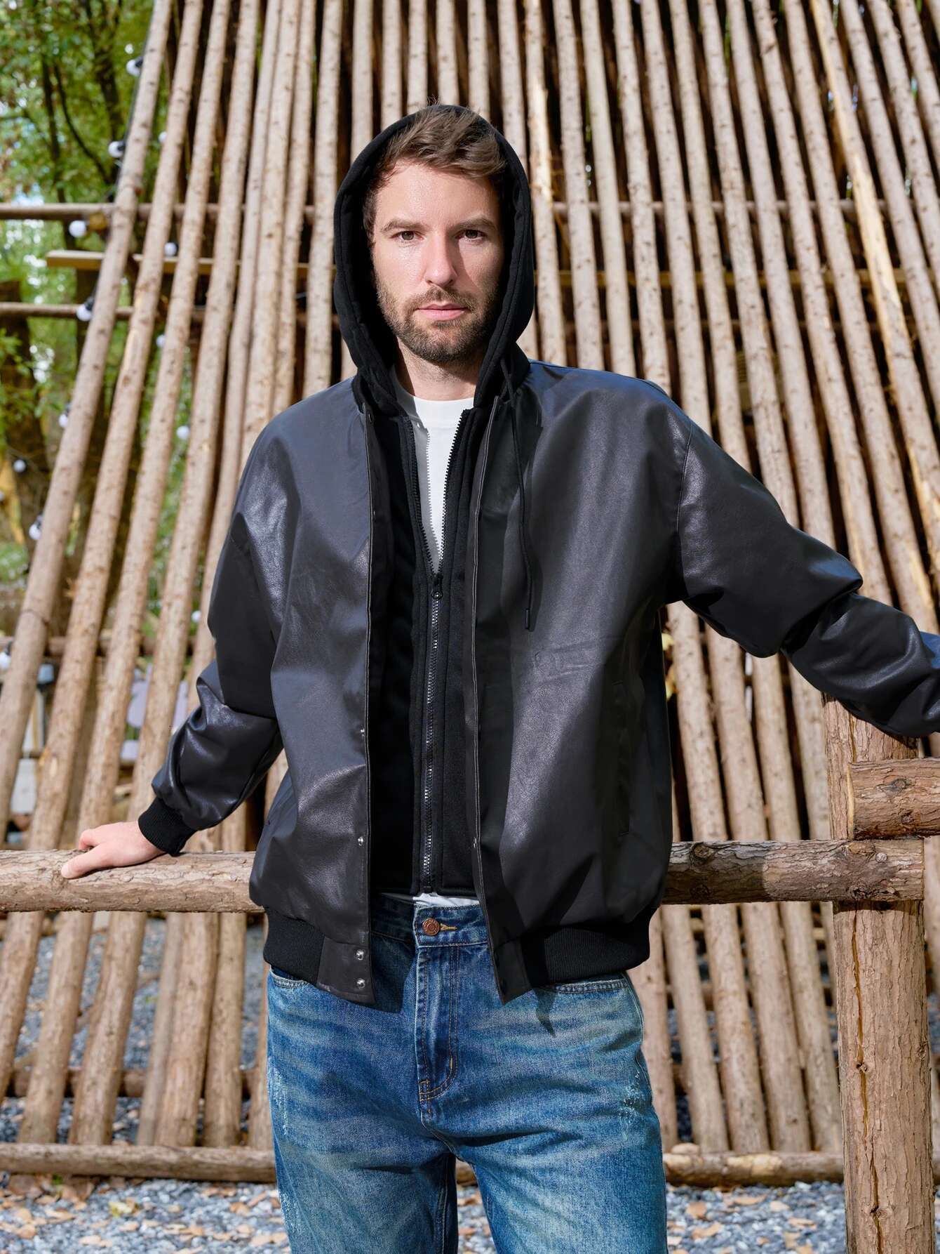 Mens Vintage Jackets Black False Two-Piece Hooded Coats Loose Windbreaker Leather Motorcycle Boomber Jacket Fall&Winter