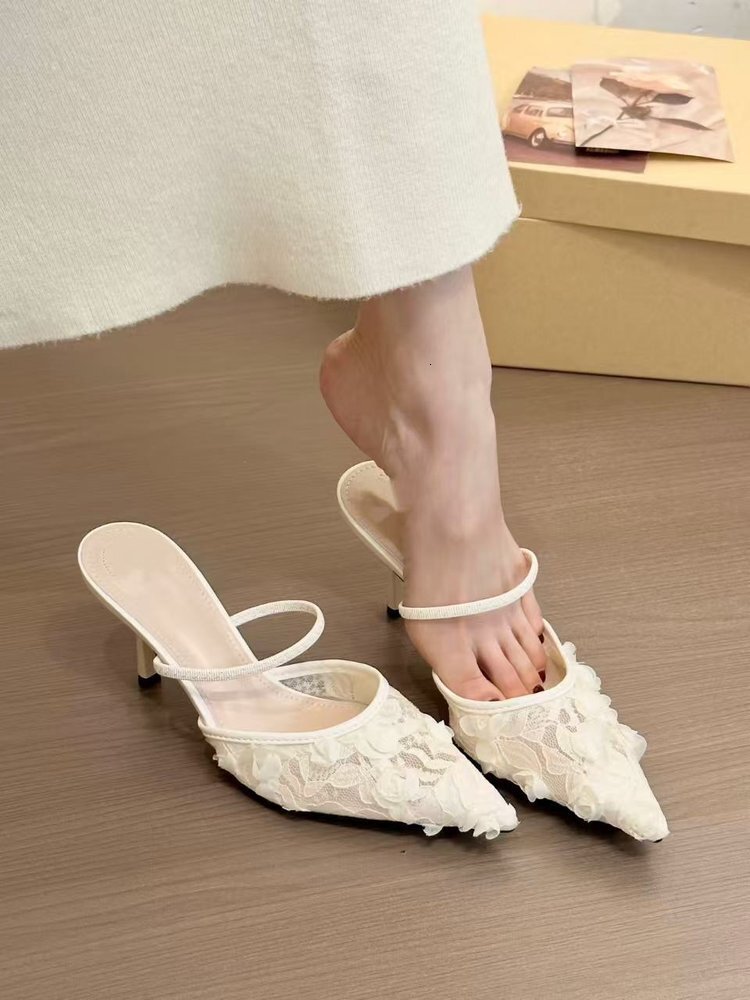 2025 Summer New Pink Mist Rose Soft Pointed Strap with Baotou Thin Heel Women's Half Slippers Designer Fashion Mesh Sandals1
