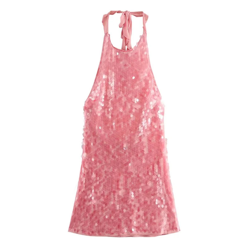 TRAF Womens Dresses Halter Sequin Mini Dress Woman Off Shoulder Pink Short For Women Backless Sexy Prom Party 250322