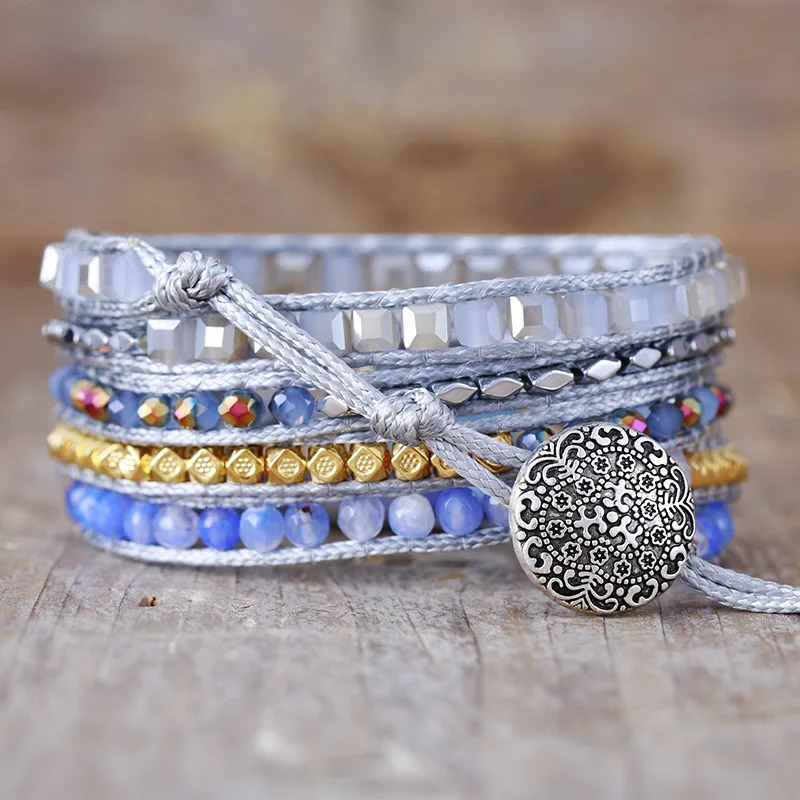 Boho Multistrand Stone Leather Wrap Bracelet Five Wrap Stackable Handmade Bracelets Vintage Statement Jewelry Bijoux 250318