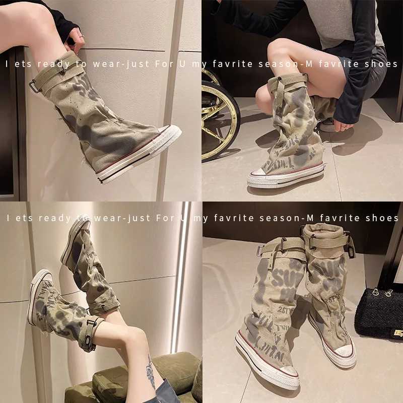 Graffiti High Top Canvas Shoes Womens Spring Boots Wide Bucket Middle Bucket Boots 2025 New Trouser Bucket Stacked Boots M250325