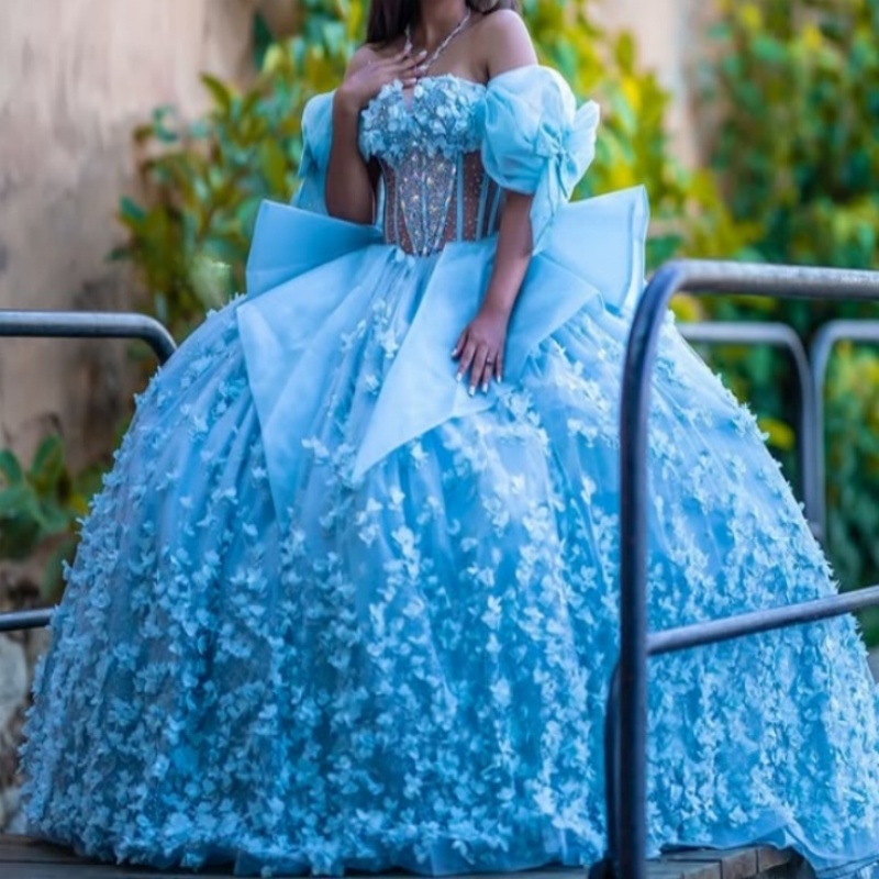 Blue Shiny Princess Quinceanera Dresses Appliqued Flower Beads Tull Bow Sweet 16 Dress Sweetheart Off Shoulder Ball Gown Vestidos 15 anos