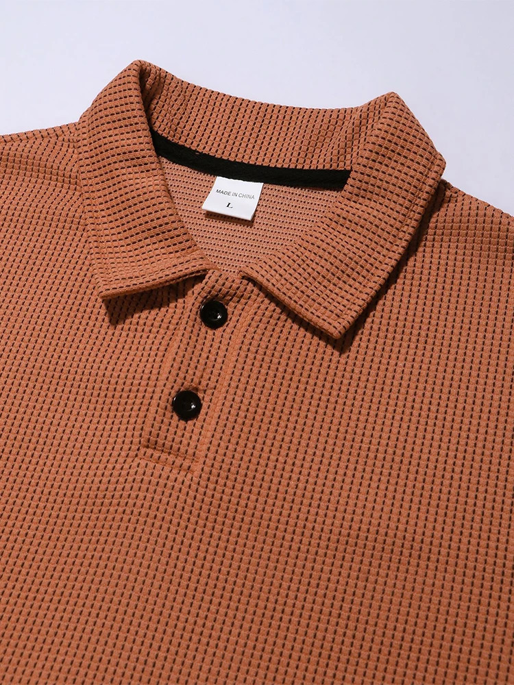 Casual Short Sleeve Ribbed T Shirts Mens Fashion Polo Collar Buttoned Textured Shirt For Men 2025 Summer Solid Tops 250311