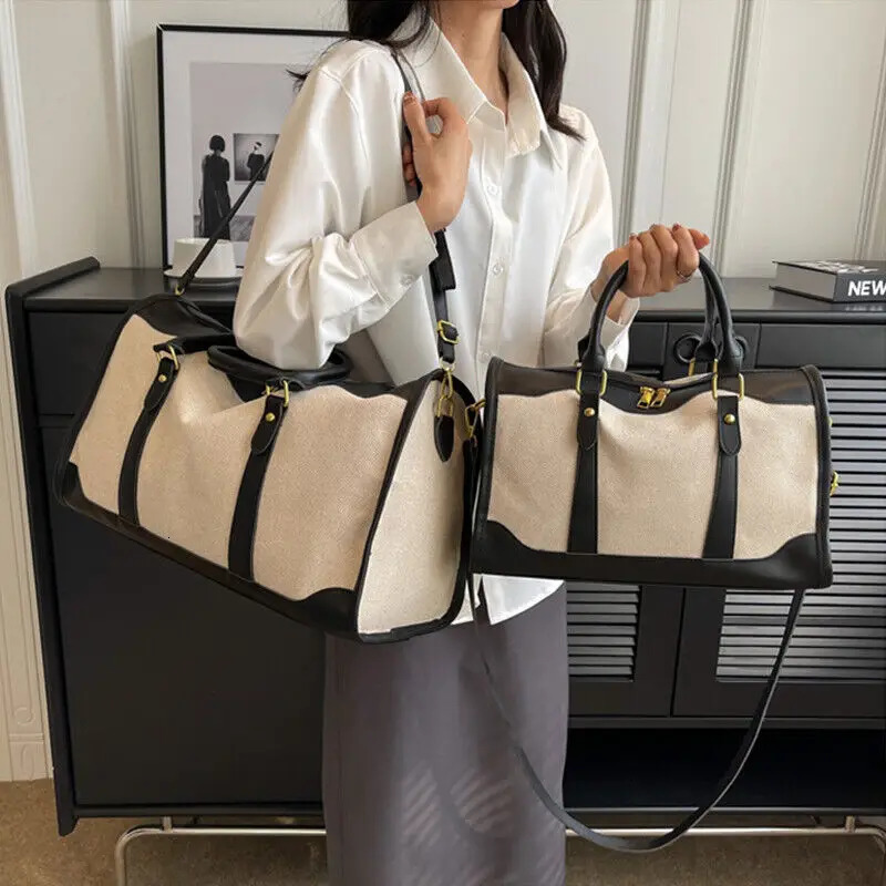 ISKYBOB Women Travel Storage Handbag Vintage Fitness Luggage Bag Single Shoulder Crossbody Bag Large Nylon PU Leather Bag 250314