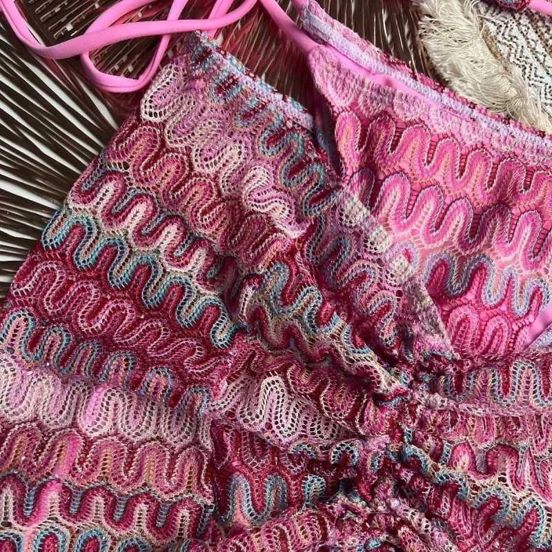 Knitted bikini set with three sexy striped swimsuits for middle-aged and elderly polyester fiber beach printed knitted bikiniXJ250324