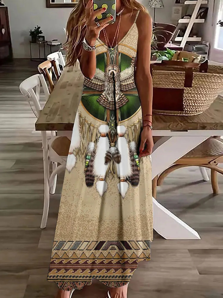 Vintage Ethnic Style Womens Long Dress Summer Daily Casual Womens Sleeveless Dress Indian Owl Totem Print Fashion V-neck Dress 250324