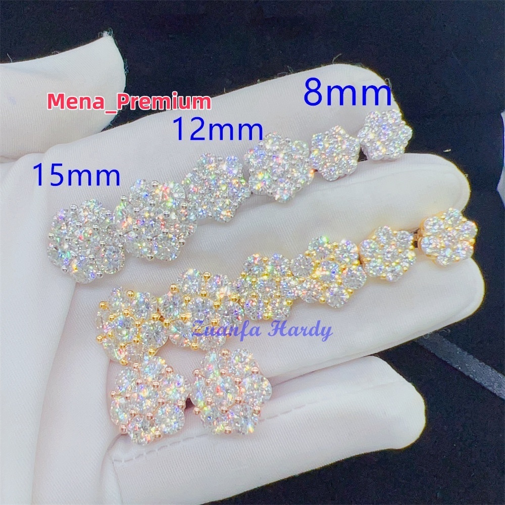 Zuanfa Hot Top Selling Pass Diamond Tester Fine Jewelry 925 Silver 8mm 12mm 15mm Flower Earrings VVS Moissanite Stud Earrings