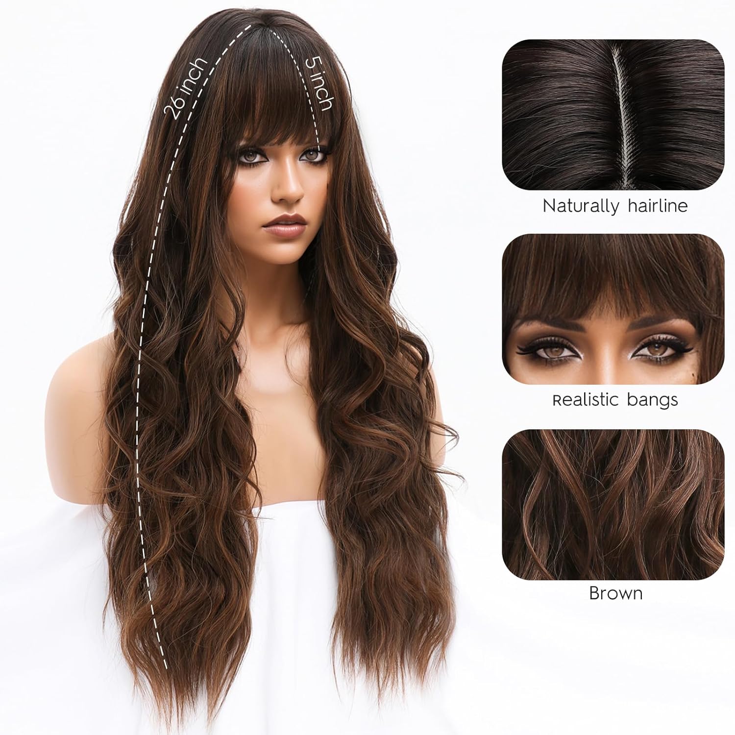 Long Chocolate Brown Wig with Bangs Dark Brown Women Long Wavy Hair Wig Curly Wavy Synthetic Wigs for Girls Daily Party Use(26 inch)