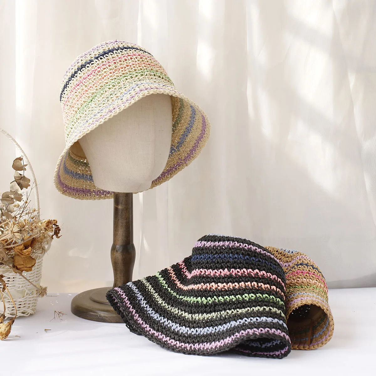 Womens straw hat crochet hat striped rainbow UV protection sunshade beach hat womens sun hat womens sun hat 250320