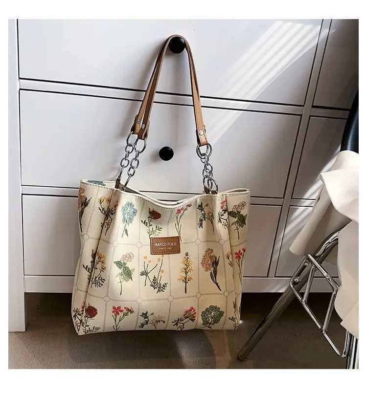 Miyagawa Womens 2024 Large Capacity Canvas Bag Printed Flower Handheld Classroom Commuter Single Shoulder Handbag Z250324