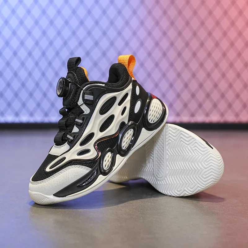 Fashionable childrens basketball anti slip and wear-resistant sports shoes for boys and girls mesh breathable rotating buckle young casual coach W2503