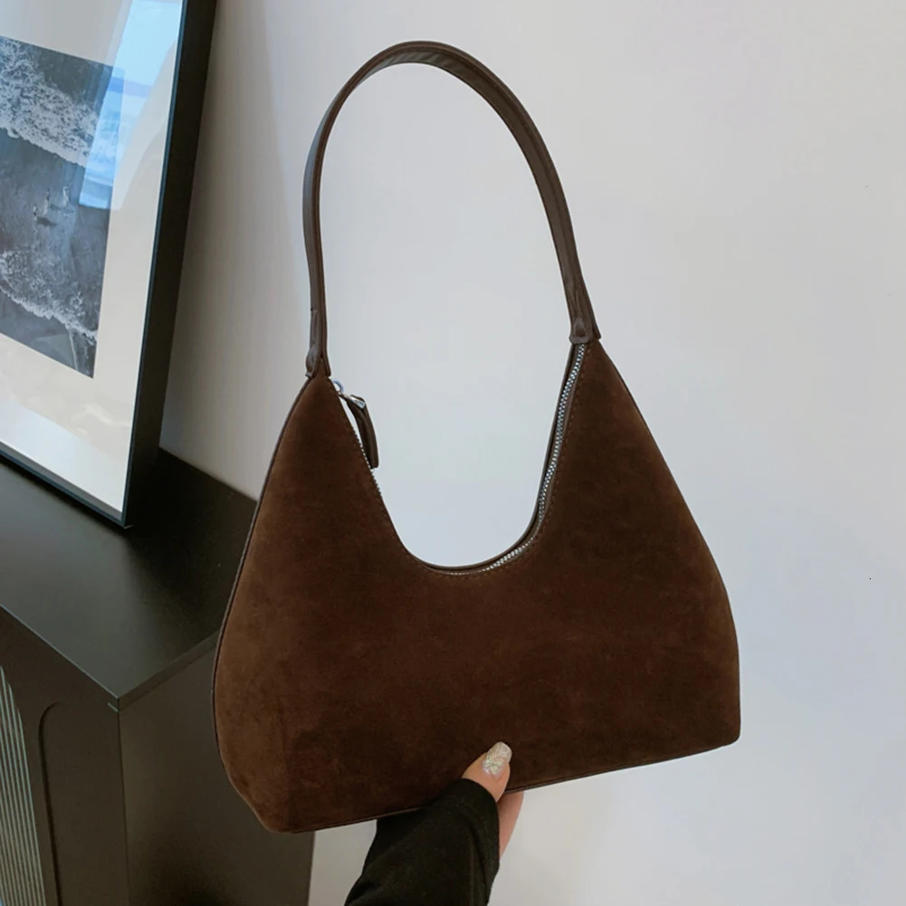 Women Suede Underarm Bag Solid Color Shoulder Bag Zipper Closure Retro Handbag Trendy Hobo Bag for Work Travel 250324